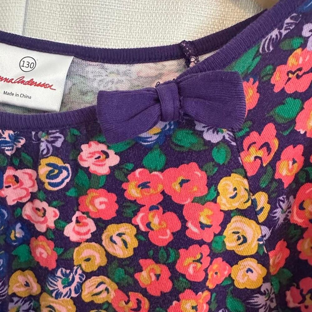 Hanna Andersson Girls Floral Long Sleeve Dress Size 130 Bow Accent - Picture 3 of 6